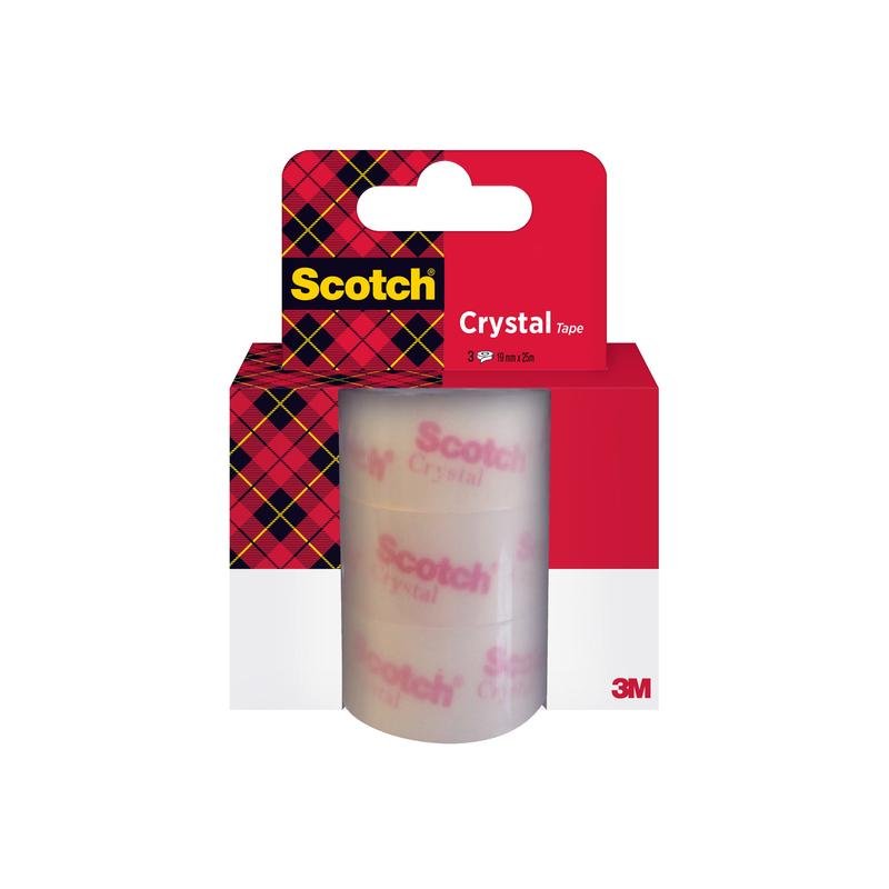 A 3-roll pack of Scotch® Crystal Tape 6-1925R3 (19 mm x 25 m) from 3M Deutschland GmbH, in a red-black checkered box with the Scotch brand and product information.