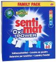 Ein blauer 3,3 kg-Karton Sentimat Oxi Power der Rösch Germany GmbH, "Family Pack", zeigt hängende Wäsche, grüne Plaketten und den Text für 60 Wäschen, Farbschutz und kraftvolle Fleckenentfernung durch Oxi-Action.