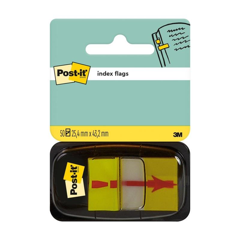 A pack of 50 Post-it® Index Tabs, Standard, Yellow (25.4 x 43.2 mm) from 3M Deutschland GmbH is delivered in a practical dispenser with branded packaging.