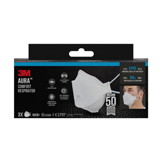 Abgebildet ist eine Packung der 3M™ Aura™ Komfort-Partikelmaske 9320+, FFP2, ohne Ventil von 3M Deutschland GmbH. Die Verpackung enthält Produktdetails, ein Maskenbild, Symbole für Komfort und Filtration sowie ein Foto einer Person, die die Maske trägt. Packung mit 3 Masken.