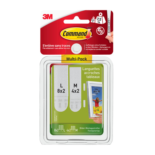 Das 3M Deutschland GmbH Command™ Bilder-Montage Strips Vorteilspack (17209) enthält 8 große und 4 mittlere Streifen in einer meist rot-weiß-gelben Verpackung mit französischer und deutscher Produktinformation.