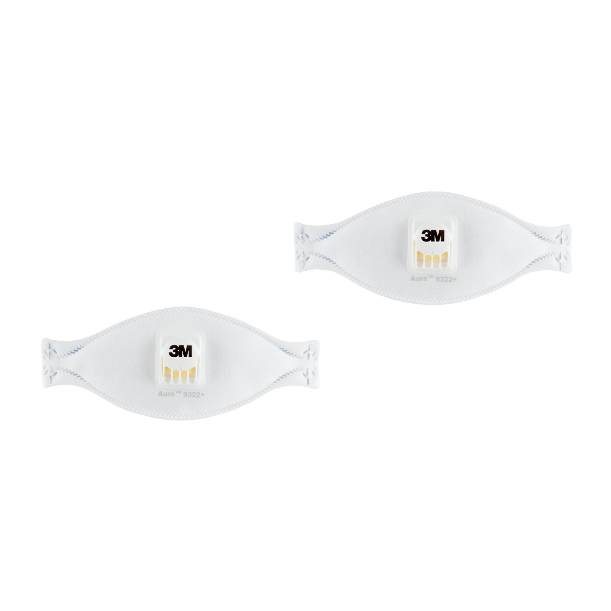 Zwei 3M™ Aura™ Comfort Cool Flow™ Partikelmasken 9322+ FFP2 mit Ventil von 3M Deutschland GmbH liegen auf weißem Hintergrund. Sie verfügen jeweils über ein zentrales rechteckiges Ventil mit dem 3M-Logo.
