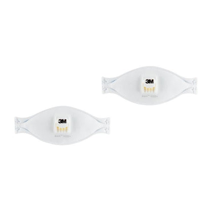 Two 3M™ Aura™ Comfort Cool Flow™ Particulate Respirators 9322+ FFP2 with valve from 3M Deutschland GmbH lie on a white background. They each feature a central rectangular valve with the 3M logo.