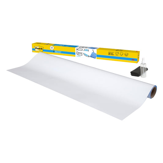 Auf weißem Hintergrund sind die Post-it® Easy Erase Whiteboard-Oberfläche in Weiß der 3M Deutschland GmbH, eine gelbe und blaue Post-it-Box, eine kleine Reinigungssprayflasche und ein gefaltetes schwarzes Reinigungstuch zu sehen.