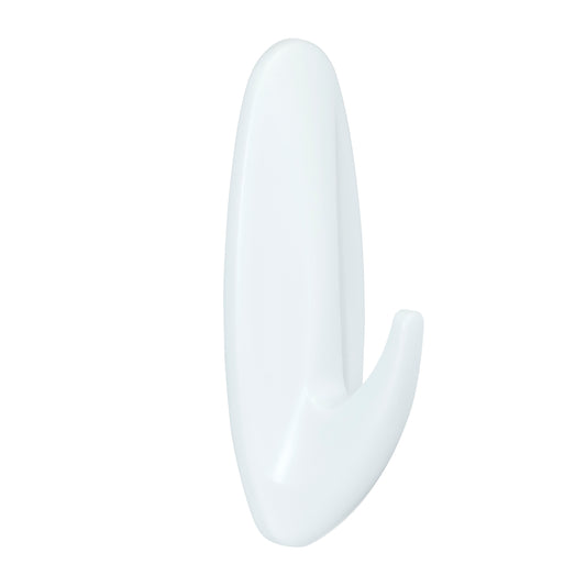 Der Command™ Bad Large Design-Haken (1 Stück) von 3M Deutschland GmbH ist ein einzelner weißer Kunststoff-Wandhaken mit gebogener Spitze, abgebildet auf einem einfarbig weißen Hintergrund.