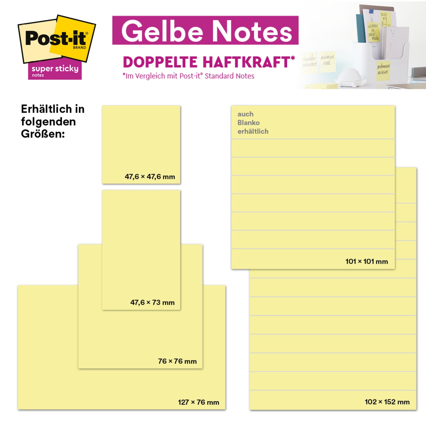 Eine Tabelle zeigt die Post-it® Super Sticky Notes der 3M Deutschland GmbH im Format 76 mm x 76 mm (90 Blatt pro Block). Produktverpackungen und Anwendungsbeispiele sind oben rechts abgebildet.