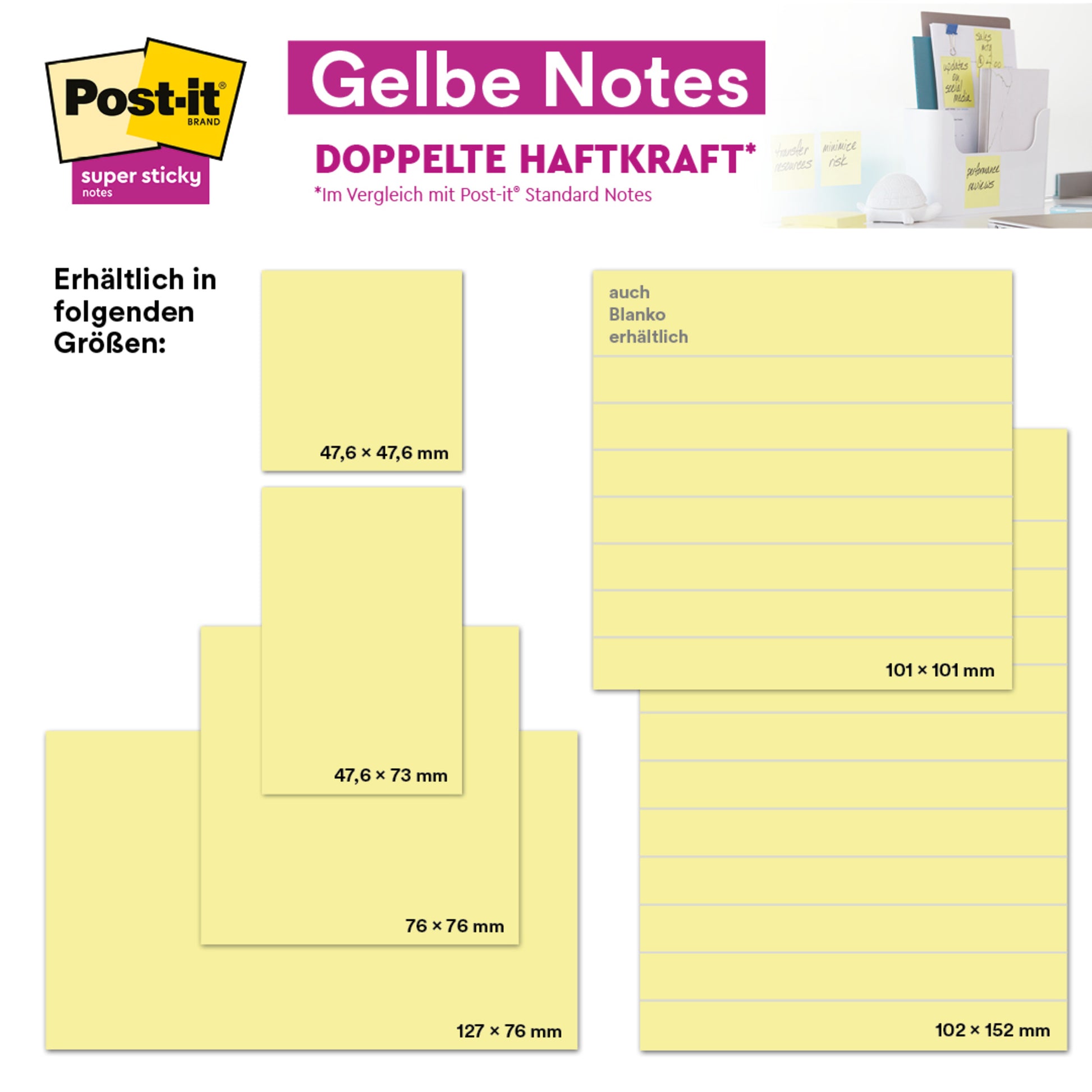 Eine Grafik zeigt 3M Post-it® Super Sticky Notes (76 mm x 76 mm, 90 Blatt/Block, 100 % PEFC) und hebt deren starke Haftung und Blankooption hervor. Oben rechts sind mehrere gelbe Zettel auf einem Bürotisch zu sehen.
