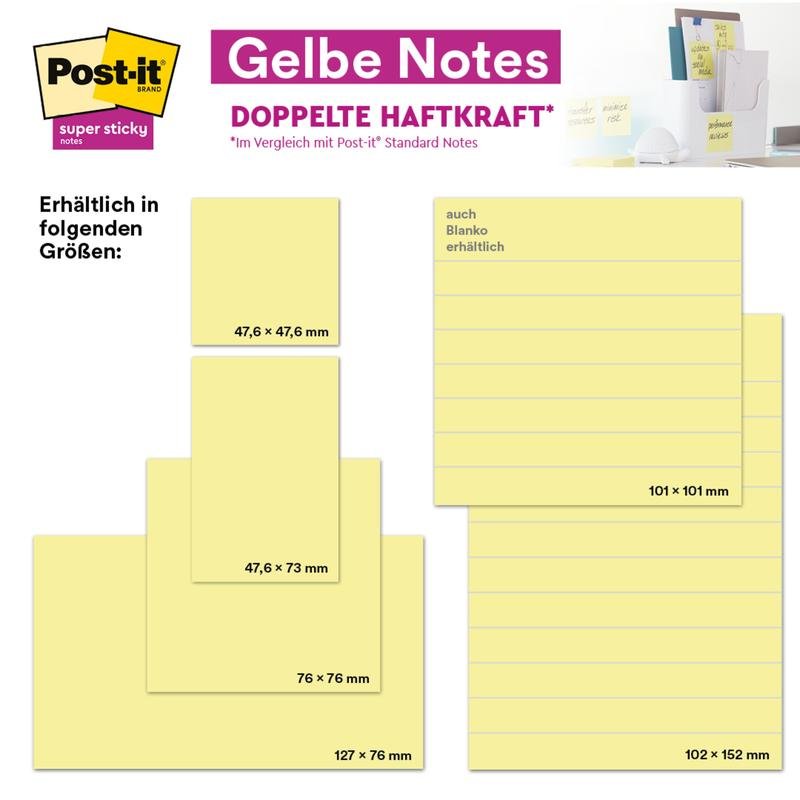 A product image of Post-it® Super Sticky Notes from 3M Deutschland GmbH shows yellow sticky notes (47.6 x 47.6 mm, 90 sheets/block, 100% PEFC) next to other sizes: 47.6 x 73 mm, 127 x 76 mm, 101 x 101 mm, and 102 x 152 mm.