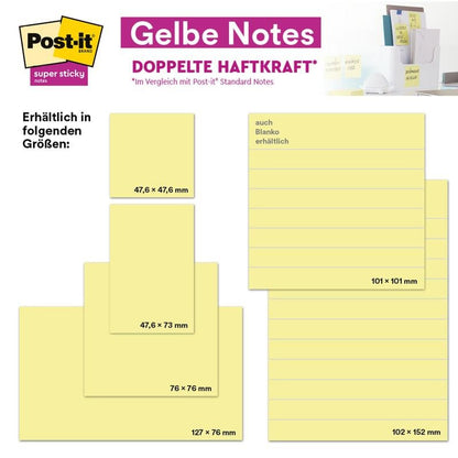 Advertisement image for Post-it® Super Sticky Notes from 3M Deutschland GmbH, 76 x 127 mm, 90 sheets/block, 100% PEFC, with product and packaging photos. Other available sizes are: 47.6 x 47.6 mm, 47.6 x 73 mm, and 101 x 101 mm.