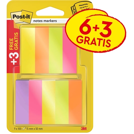 Eine Packung 3M Post-it® Page Marker (15x50mm, 100 Blatt/Block), verschiedene Farben, mit "6+3 GRATIS" Aktion - Sie erhalten 9 Blöcke (3 gratis). Hergestellt aus 100% PEFC-zertifiziertem Papier.