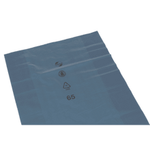 A flat, translucent blue plastic sheet for waste disposal from EMIL DEISS KG (GmbH + Co.) - like the DEISS 10120 - 500+200x850x0.06 mm blue - shows recycling symbols and the number 65 in black lettering on a white background.