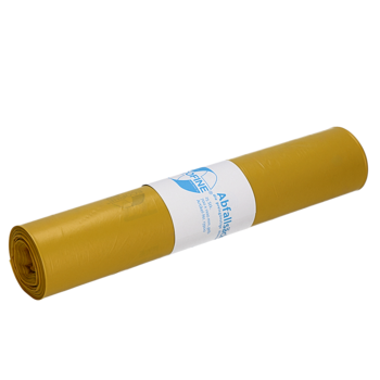 Eine gelbe Rolle DEISS ECOFINE® Abfallsäcke 13900 (120L) der EMIL DEISS KG (GmbH + Co.) aus Recycling-LDPE/LLDPE mit weiß-blauem Etikett - ideal für die umweltgerechte Entsorgung - auf weißem Grund.