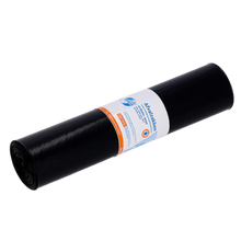 Pictured is a roll of EMIL DEISS KG (GmbH + Co.) DEISS 15050 garbage bags (600x800 mm black, pack of 25 pieces) with a white-orange label in the middle on a white background.