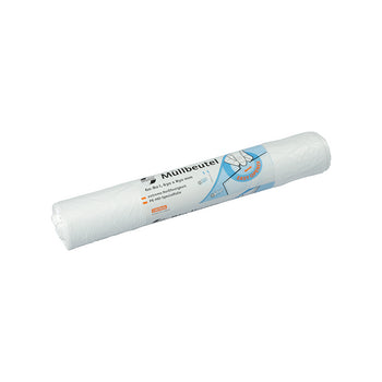 Eine Rolle EMIL DEISS KG (GmbH + Co.) DEISS 6080 Müllsäcke, 620x800x0,018 mm natur (10 Stück), kommt mit einer beschrifteten Hülle mit Text und Handabbildung - ideal für robuste Entsorgungslösungen.