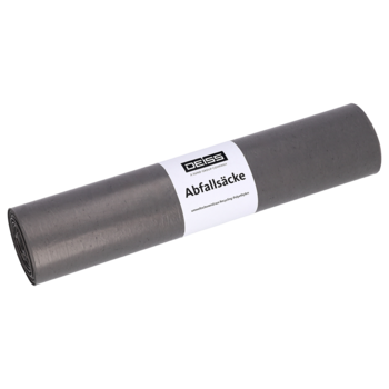 Eine Rolle grauer DEISS Standard Müllbeutel (HDPE, Sternnahtboden, 500x600x0,007 mm, 30 Liter) der EMIL DEISS KG (GmbH + Co.) mit weißem "DEISS Abfallsäcke"-Etikett auf einfarbigem Hintergrund.
