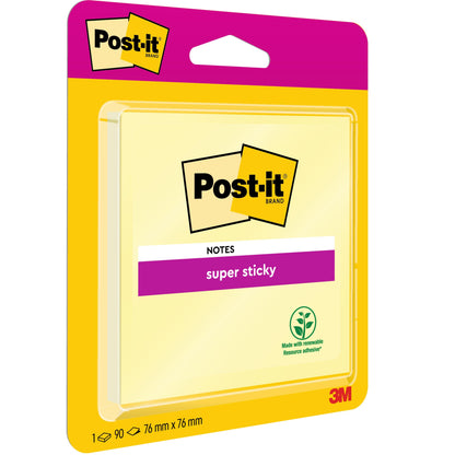 A pack of Post-it® Super Sticky Notes, Yellow, 76 mm x 76 mm, 90 sheets (1 block), by 3M Deutschland GmbH. The packaging shows the Post-it logo and the green leaf symbol in a bright pink and yellow design. PEFC certified.