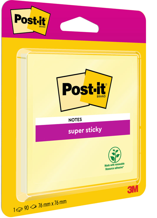 Eine Packung 3M Post-it® Super Sticky Notes in gelb, 76 x 76 mm, mit 90 Blatt (1 Block), mit Klebstoff aus erneuerbaren Ressourcen und PEFC-Zertifizierung.