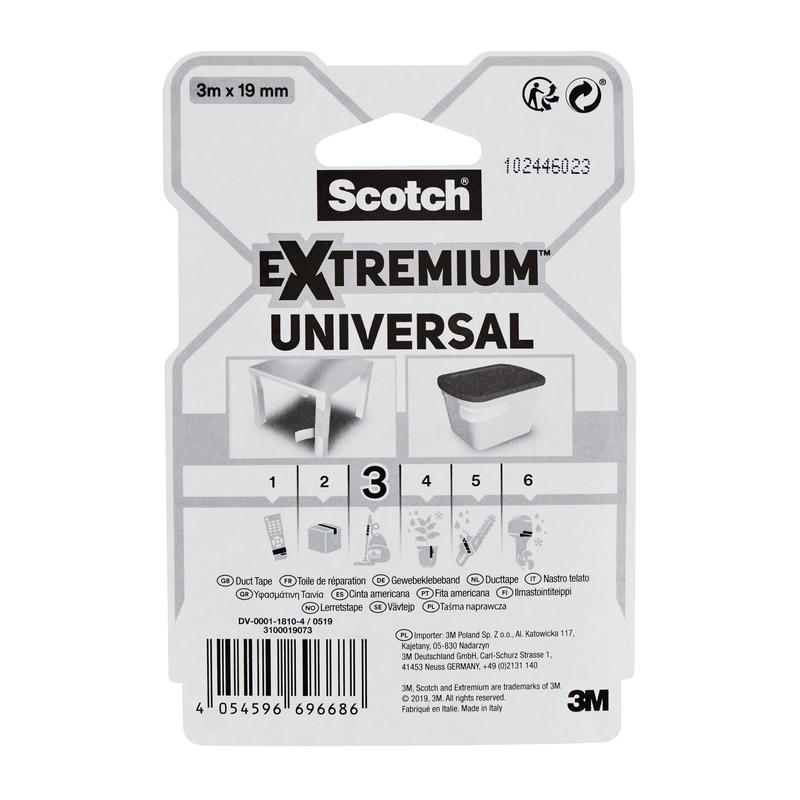 On a package of Scotch® Extremium™ Universal Tape, 3 m x 19 mm from 3M Deutschland GmbH, the product name, application images, a multilingual manual, and the 3M logo are depicted at the bottom right.