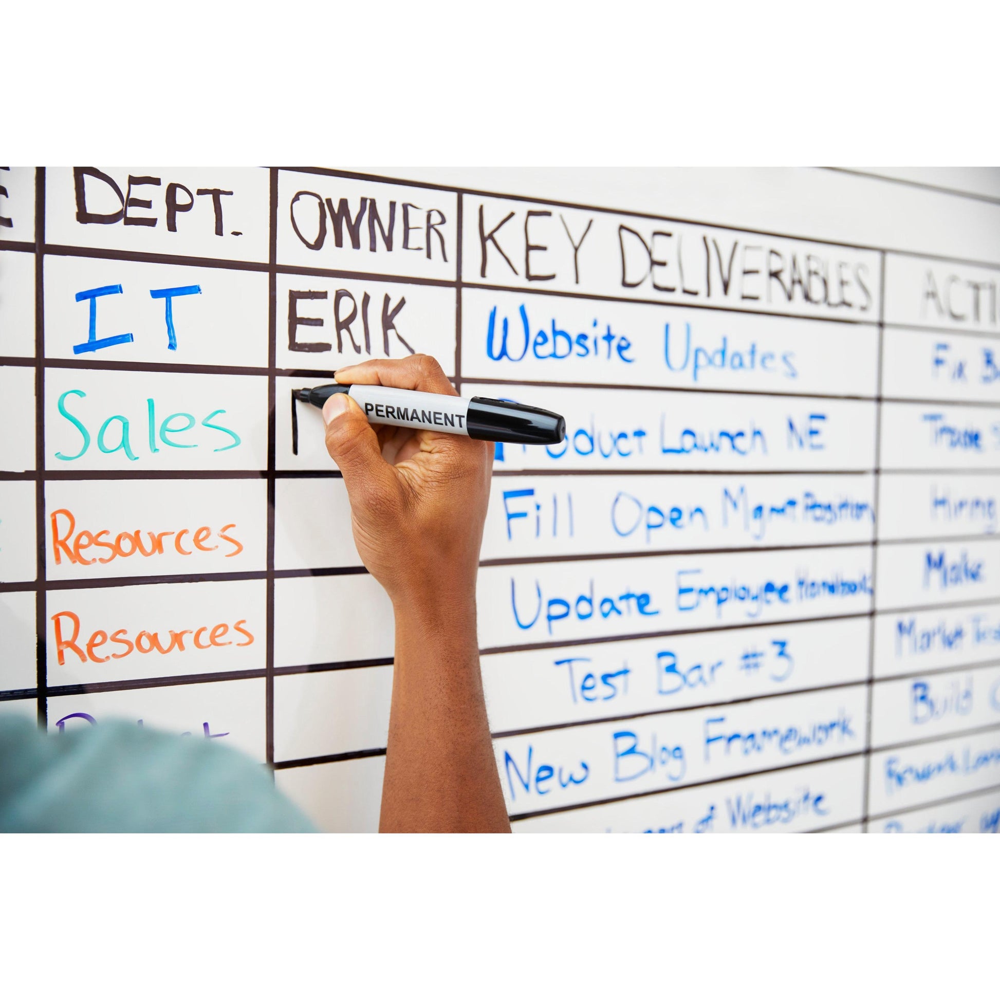 Eine Hand schreibt auf die Post-it® Easy Erase Whiteboard-Oberfläche von 3M Deutschland GmbH, die in Spalten und Zeilen für Abteilungen, Eigentümer und Aufgaben wie Website-Aktualisierungen, Produkteinführungen und Ressourcenzuweisungen gegliedert ist.