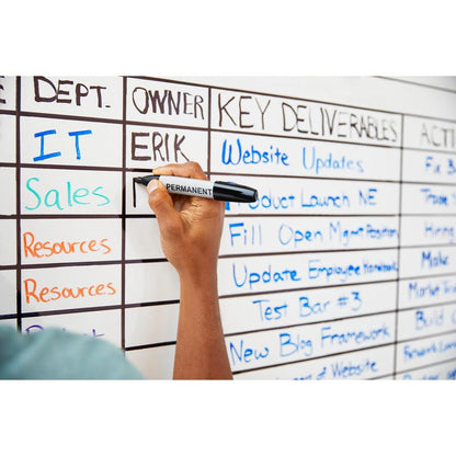 A hand writes on the Post-it® Easy Erase Whiteboard Surface from 3M Deutschland GmbH, which is divided into columns and rows for departments, owners, and tasks like website updates, product launches, and resource allocations.