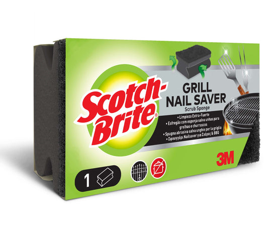 Eine rechteckige Schachtel Scotch-Brite® Grill Griffschwamm der 3M Deutschland GmbH, mit grüner und schwarzer Verpackung, Produktbildern und mehrsprachigem Text. Das 3M Logo ist in der unteren rechten Ecke abgebildet. Die Packung enthält 1 Stück.