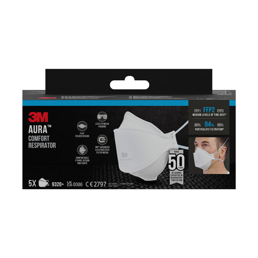 Abgebildet ist eine schwarze Schachtel der 3M™ Aura™ Komfort-Partikelmaske 9320+, FFP2, ohne Ventil (5er Packung) der 3M Deutschland GmbH mit fünf weißen Masken und Merkmalen wie leichtem Komfort und Partikelfilterung.