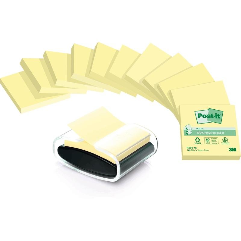 A transparent dispenser holds a stack of Post-it® Recycling Z-Notes, Yellow (76x76 mm), with loose self-adhesive notes nearby and packaging with 100% PEFC certification. Made from recycled paper by 3M Deutschland GmbH.