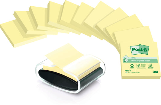 Ein durchsichtiger Spender mit gelben Post-it® Recycling Z-Notes (76x76 mm), 100 Blatt/Block, 12 Blöcke/Packung, plus kostenlosem Spender. Hergestellt aus 100% PEFC-zertifiziertem Papier von 3M Deutschland GmbH. Abgebildete Aktionspackung.