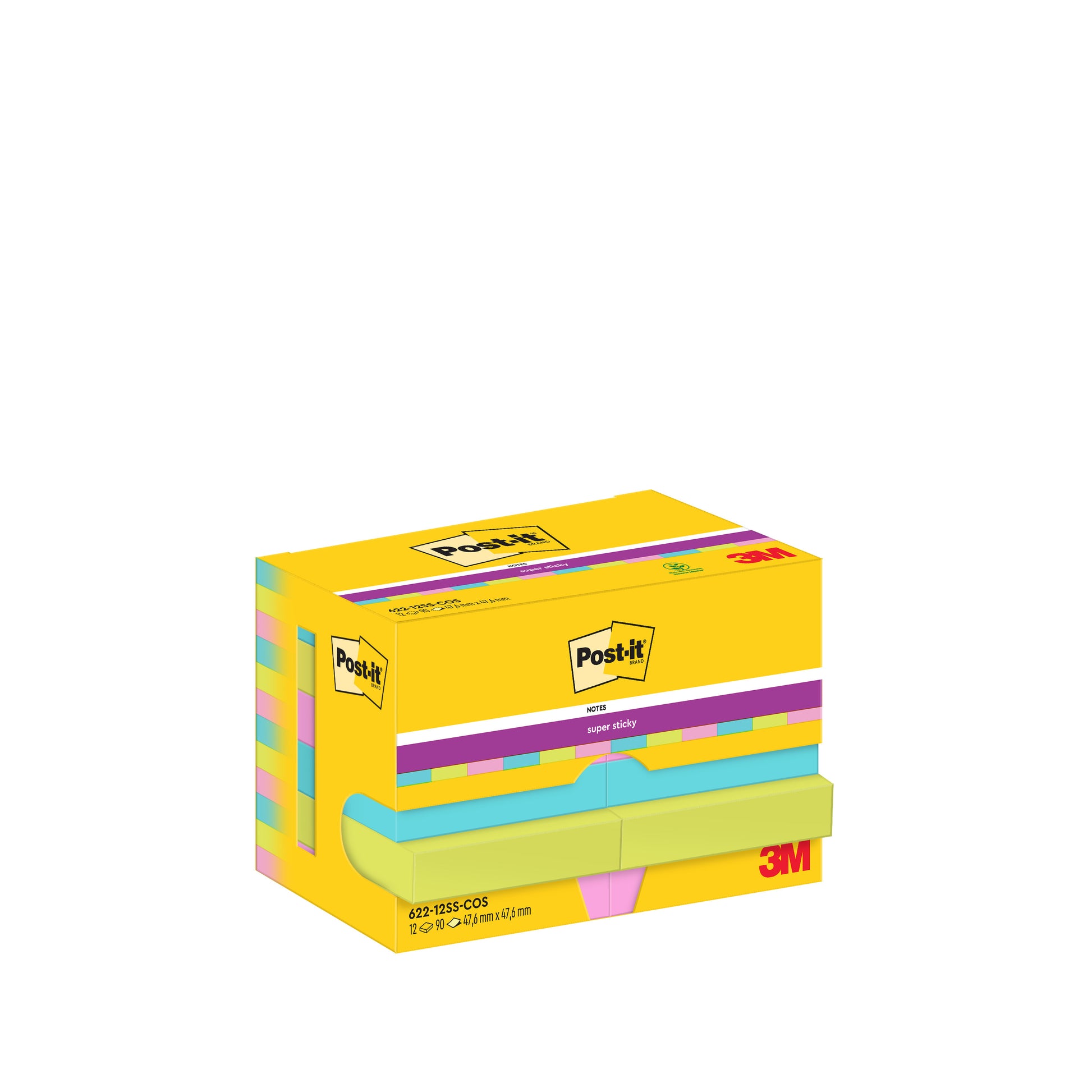 Abgebildet ist eine gelbe Schachtel der 3M Deutschland GmbH Post-it® Super Sticky Notes (47,6 mm x 47,6 mm, 90 Blatt/Block, 100% PEFC) mit dem Logo, mehreren mehrfarbigen Blöcken und Produktangaben auf der Vorderseite und der Seite.