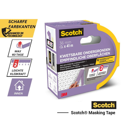 Scotch® Malerabdeckband für empfindliche Oberflächen, 24 mm x 41 m, 1 Rolle/Packung, PEFC-zertifiziert (SGSCH-PEFC-COC-110078), mit Details auf Deutsch/Niederländisch; leichte Haftkraft, für Innenanwendung, 3M Branding.