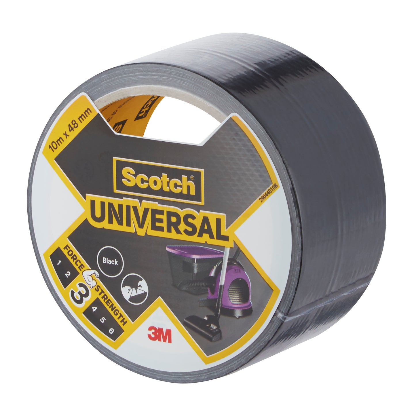 Eine 10 m x 48 mm große Rolle Scotch® Universal Klebeband 2904 von 3M Deutschland GmbH mit einem Etikett, auf dem die Marke, der Produktname und Bilder mit typischen Anwendungen abgebildet sind.
