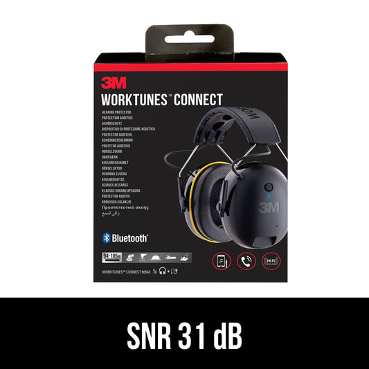 Abgebildet ist eine Schachtel 3M™ WorkTunes™ Connect Kapselgehörschutz 90543E Bluetooth® Kopfhörer (SNR-Wert 31 dB, Schwarz, 1 Stück) der 3M Deutschland GmbH mit dem Produktbild und den Merkmalen auf der Verpackung.