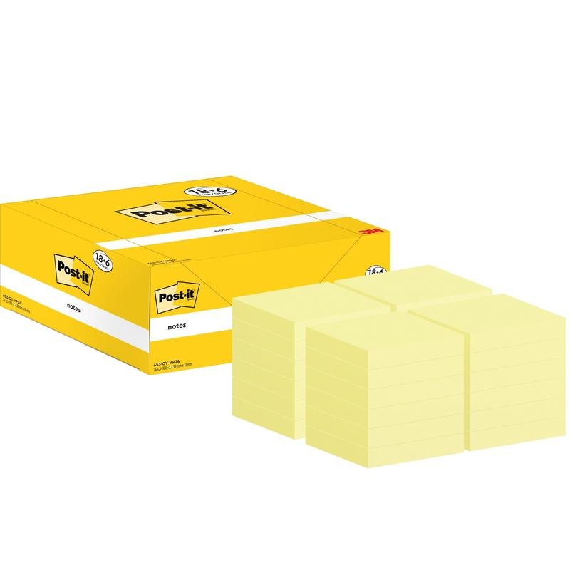 A yellow Post-it® note box from 3M Deutschland GmbH stands next to four stacks of yellow notes (38x51mm, 100 sheets/block), which are part of an 18+6 free package in carton packaging, 100% PEFC certified.