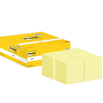 A yellow Post-it® note box from 3M Deutschland GmbH stands next to four stacks of yellow notes (38x51mm, 100 sheets/block), which are part of an 18+6 free package in carton packaging, 100% PEFC certified.