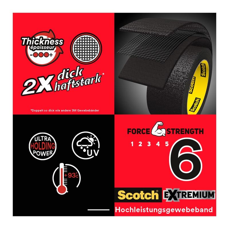 A graphic of the Scotch® Extremium™ Ultra High Performance Tape DT17 (10 m x 24 mm, 1 roll) by 3M Deutschland GmbH shows double strength, high durability (6/6), UV and heat resistance up to 93°C, plus German/English text.