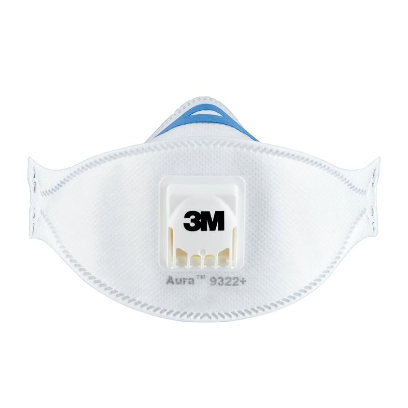 A 3M™ Aura™ Comfort Cool Flow™ Particulate Respirator 9322+, FFP2, with valve, from 3M Deutschland GmbH, is depicted against a white background.