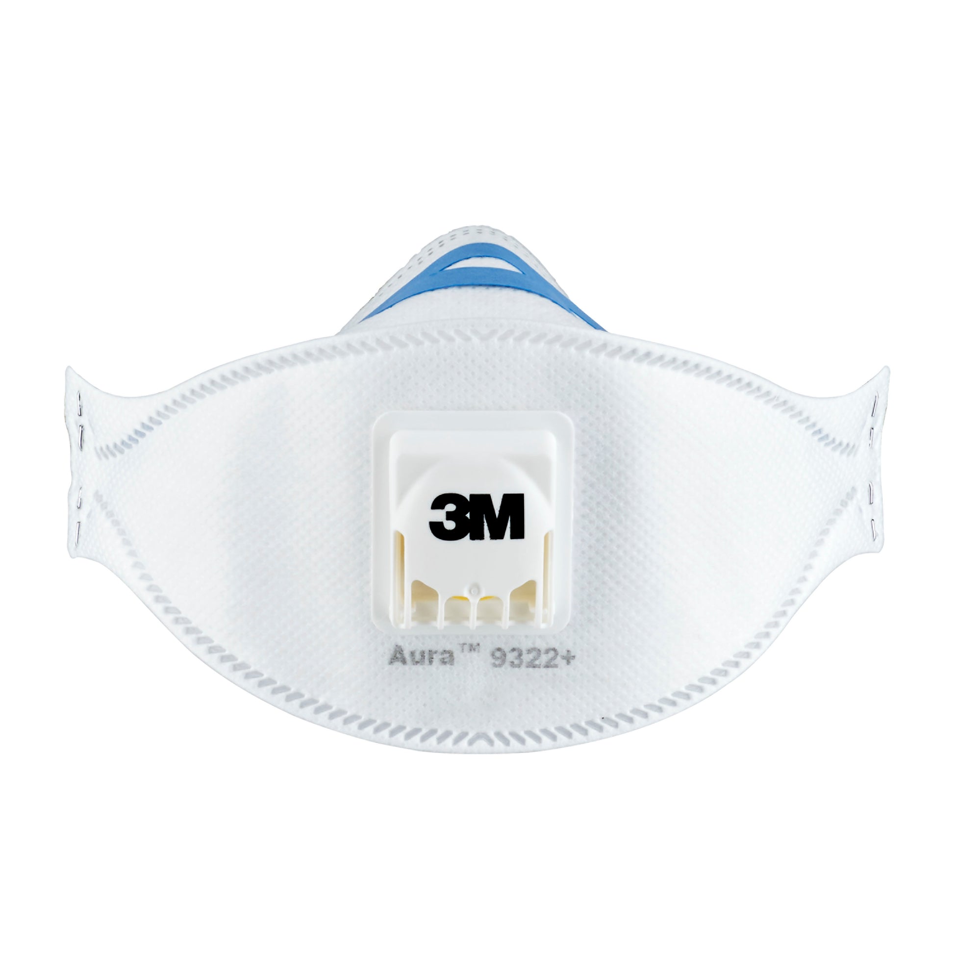 Eine 3M™ Aura™ Comfort Cool Flow™ Partikelmaske 9322+, FFP2, mit Ventil, von 3M Deutschland GmbH, ist vorne vor weißem Hintergrund abgebildet.