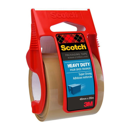 A roll of Scotch® extra strong packaging tape from 3M Deutschland GmbH, brown, 48 mm x 20.3 m, comes in a dispenser and offers super strong adhesive power; one roll per package.