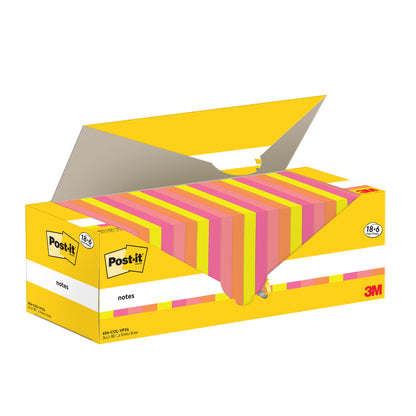 In an open yellow Post-it® Notes box from 3M Deutschland GmbH (76 mm x 76 mm, 100 sheets/block, 100% PEFC) there are striped pink, yellow, and orange sticky notes. The design allows easy removal of the notes.