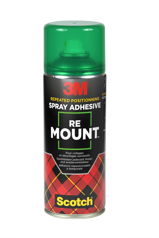 Eine 400-ml-Dose 3M™ Scotch® ReMount™ Klebespray der 3M Deutschland GmbH mit grüner Kappe und Schottenkaro-Etikett, ideal für temporäre, wiederverwendbare Verklebungen. Das Scotch-Logo befindet sich am unteren Rand. Die Packung enthält 1 Dose.
