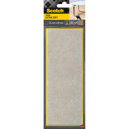 Pictured is a pack of Scotch® Extra Soft Felt Pads, self-adhesive, beige (215 mm x 80 mm) from 3M Deutschland GmbH in the original black-yellow packaging with a table leg and a pad shown at the top right.