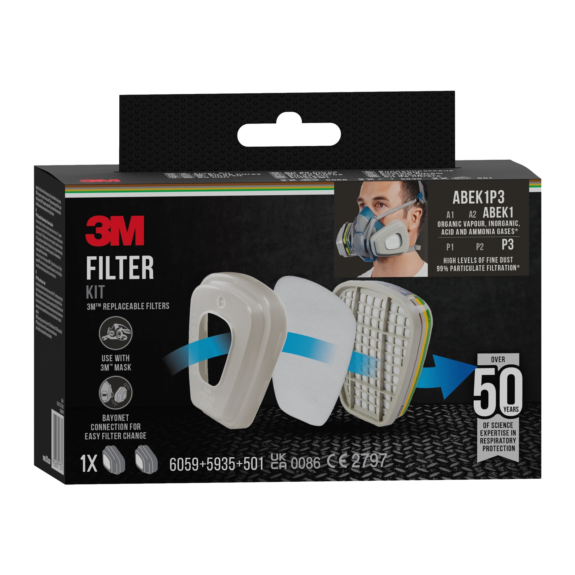 Eine 3M™ Filtersatz 6004-1 Box zeigt eine Maskenfilter-Montageskizze, Produktinformationen und ein Foto von einem Atemschutzgeräteträger. Der Text hebt den ABEK1P3 Kombinationsfilter und die über 50-jährige Schutzkompetenz der 3M Deutschland GmbH hervor.