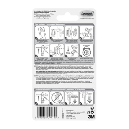 The back of a Command™ Clothes Hook, 17019-FGN package from 3M Deutschland GmbH shows a pictorial step-by-step guide for wall mounting without drilling, warnings, product details, the barcode, and the 3M logo in black and white.