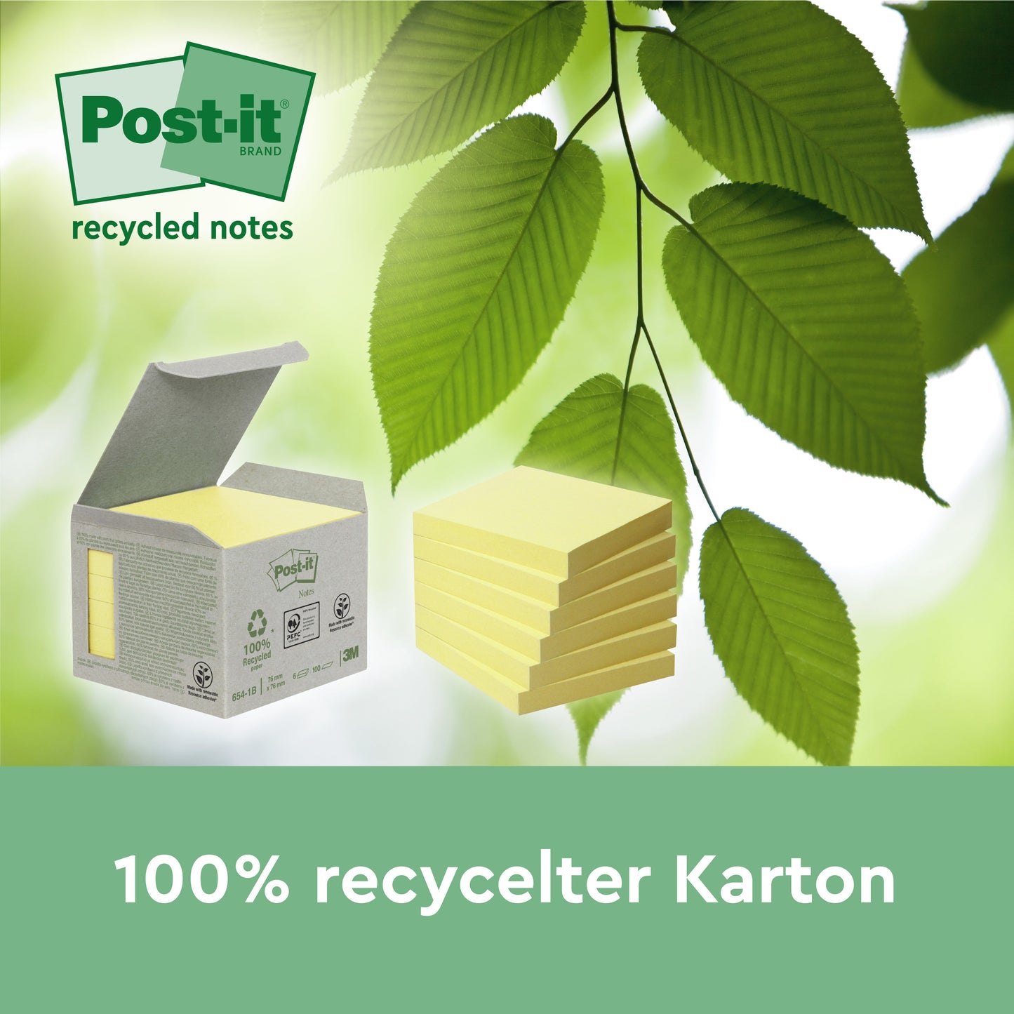 A box of Post-it® Recycling Z-Notes (76 mm x 76 mm, 100 sheets/block, 100% PEFC) by 3M Deutschland GmbH is depicted next to a stack of notes and green leaves. The green background is adorned with a leaf pattern and the text: "100% recycled cardboard.