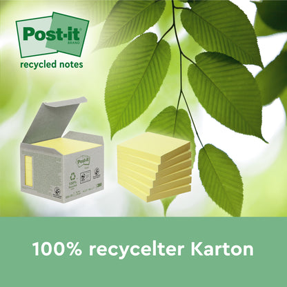 A box of Post-it® Recycling Notes (76 mm x 76 mm, 100 sheets/block, 100% PEFC) from 3M Deutschland GmbH stands next to a stack of notes and green leaves with the text "100% recycled cardboard" and a blurred leaf background.