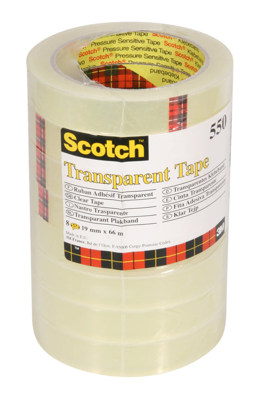 Eine Packung mit 8 Rollen Scotch® Transparentes Klebeband 550 (19 mm x 66 m) der 3M Deutschland GmbH, bestehend aus einem transparenten Klebeband und einem Etikett mit kariertem Design, Produktdetails und mehrsprachigen Informationen.