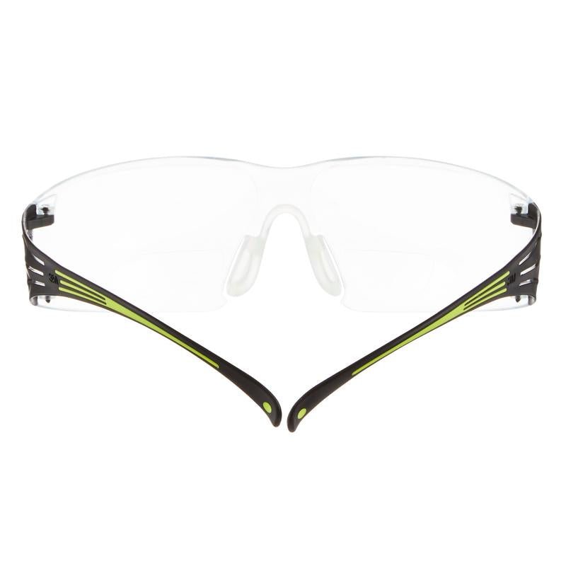 The 3M™ SecureFit™ reading safety glasses from 3M Deutschland GmbH have clear lenses and black-yellow temples, shown here from the back with extended temples.