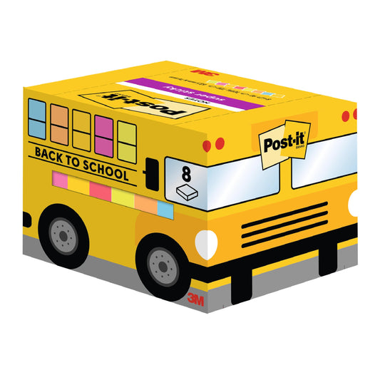 Eine Packung 3M Post-it® Super Sticky Notes (8 Blöcke, je 90 Blatt, 63,5 x 76 mm, verschiedene Farben) in einer Schulbus-Schachtel mit der Aufschrift "Back to School", hergestellt aus PEFC-zertifiziertem Karton.