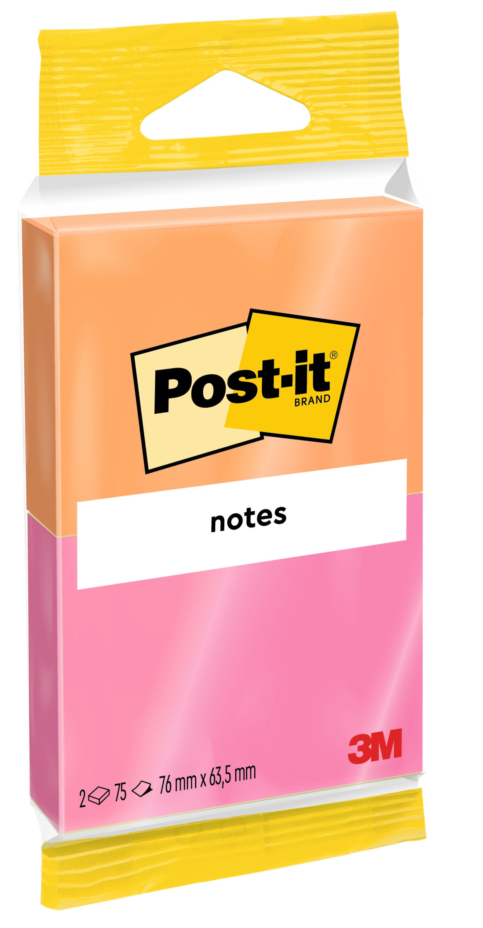 Eine Packung Post-it® Notes Joyful Collection von 3M Deutschland GmbH enthält zwei 100% PEFC-zertifizierte Blöcke (SGSCH-PEFC-COC-110078) mit je 75 Blatt im Format 76 mm x 63,5 mm und einem lebendigen Design.