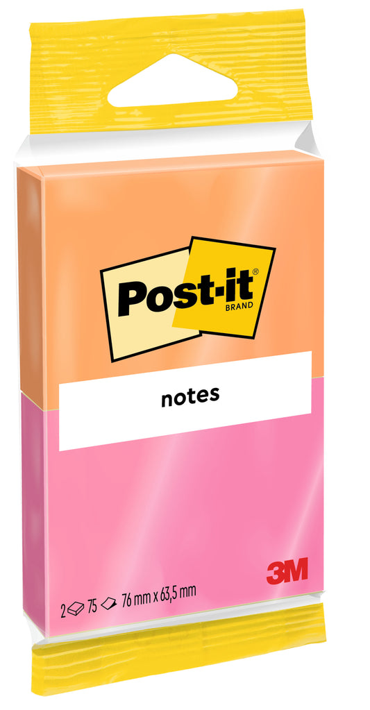 Eine Packung Post-it® Notes Joyful Collection von 3M Deutschland GmbH enthält zwei 100% PEFC-zertifizierte Blöcke (SGSCH-PEFC-COC-110078) mit je 75 Blatt im Format 76 mm x 63,5 mm und einem lebendigen Design.
